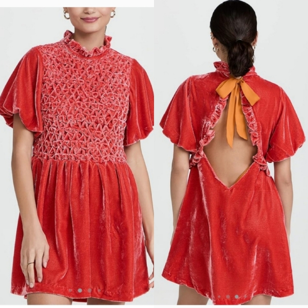 Free People Pink Red Crushed Velvet Mini Dress  Girly Flirty Open back